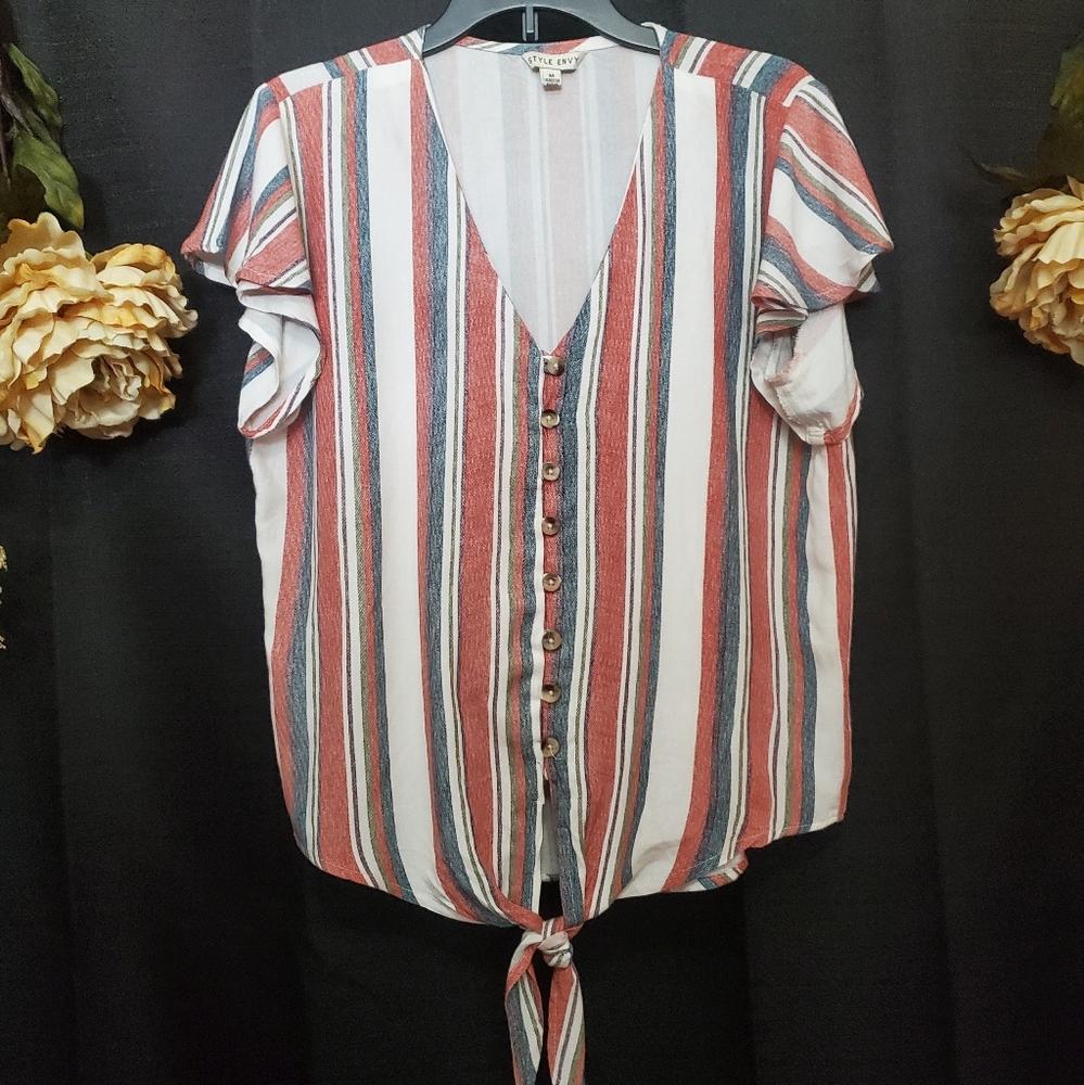 Style Envy Button Down ruffle short sleeve knot front Top SZ M